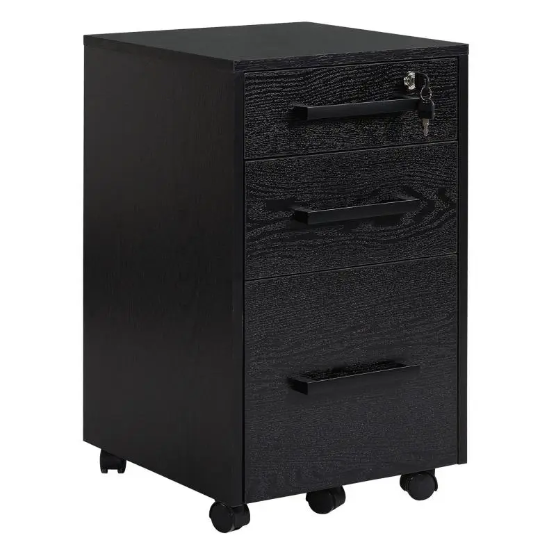 Office Filing Cabinet with 3 Drawers and Lock, Black