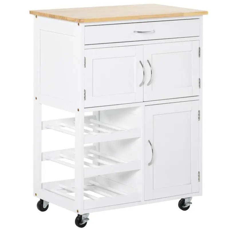 Kitchen Trolley with 9-Bottle Rack, White and Oak