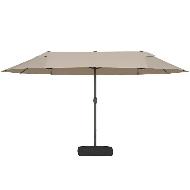 Double 12-Ribbed Garden Umbrella with Cross Base and Crank Opening, Terrace Umbrella with Sandbags, Made of Steel and Polyester, 455x265x238 cm, Khaki