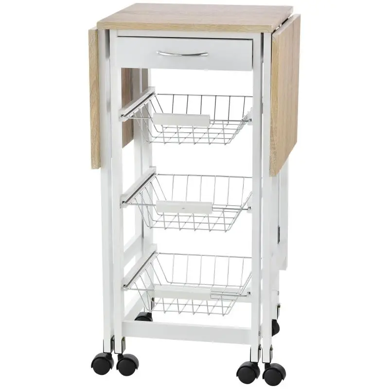 Foldable Kitchen Trolley with 3 Baskets and Drawer