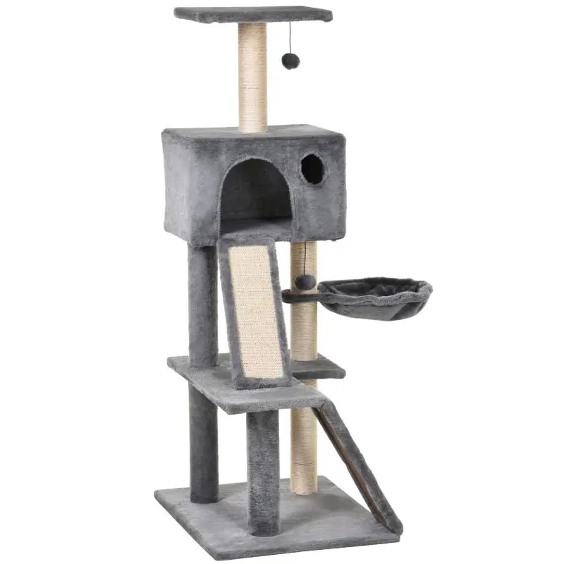 Cat Scratching Tree with Grey Plush Bed, 130 cm