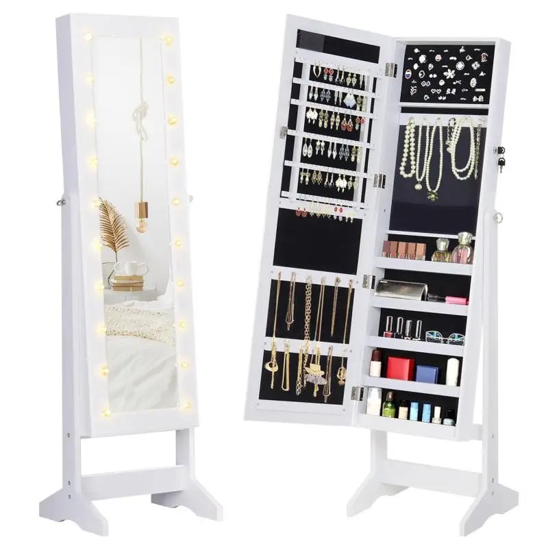 Adjustable Mirrored Jewelry Cabinet with 20 LED Lights, Wood, White, 40x37x146 cm
