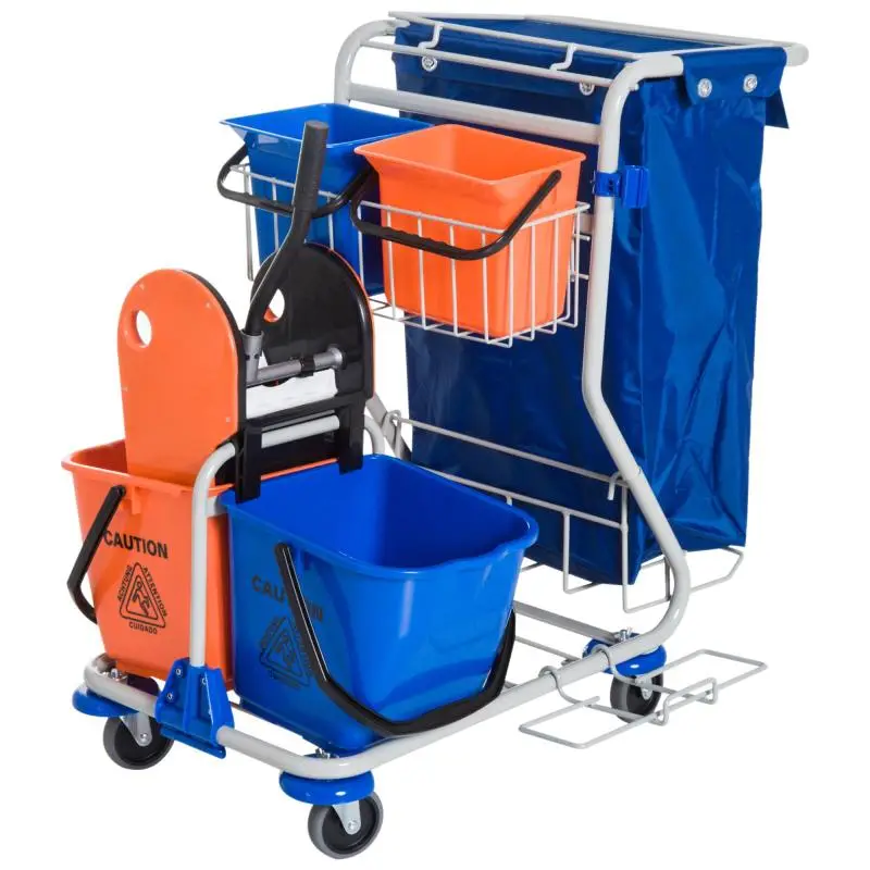 Cleaning Cart with 2 Mop Buckets and Waste Bag