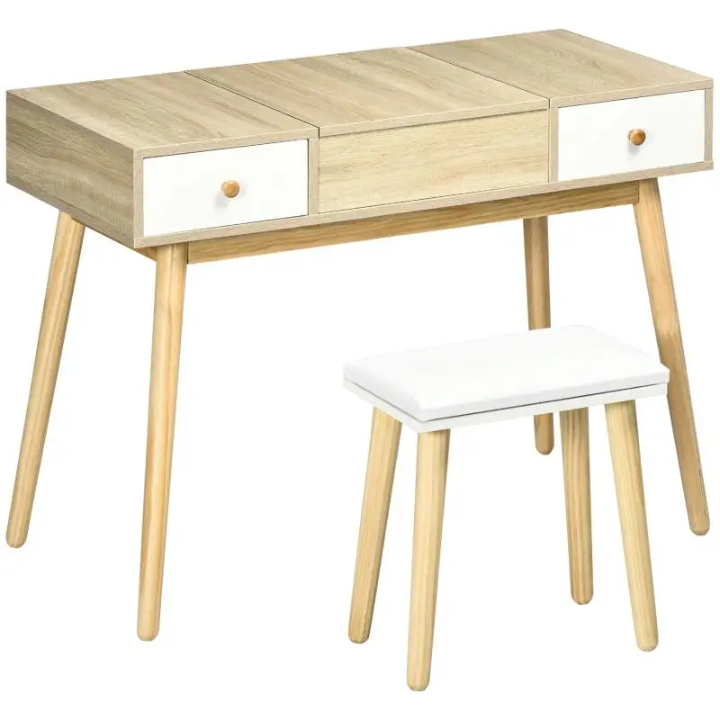 Makeup Station with Flip-Top Mirror, 2 Drawers and Stool