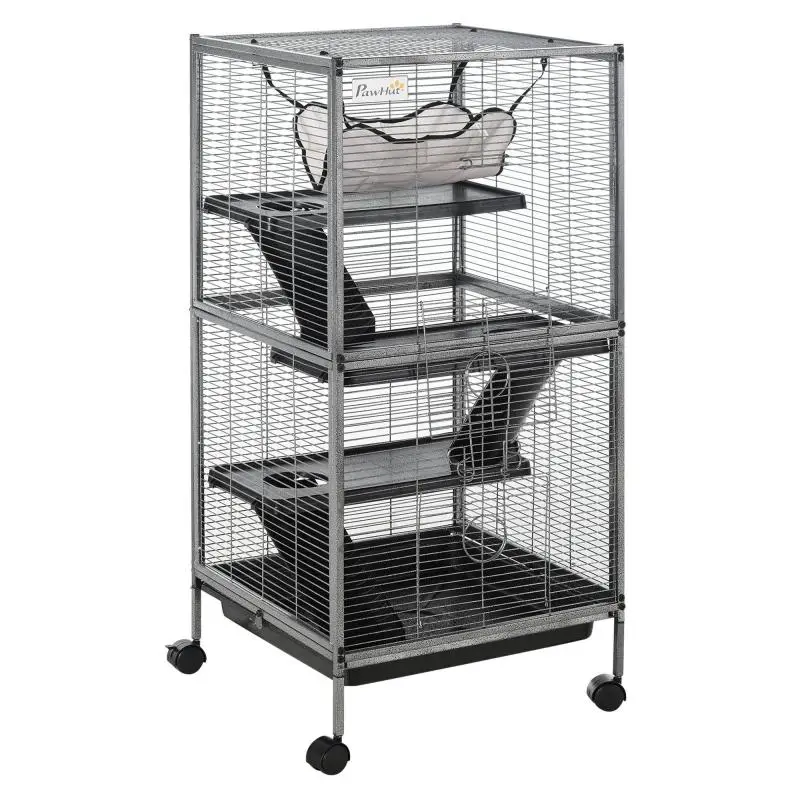 Steel Rodent Cage, Guinea Pig and Chinchilla Cage with 3 Levels, 4 Wheels, Hammock and Removable Tray, 52 x 52 x 113.5cm, Silver Grey