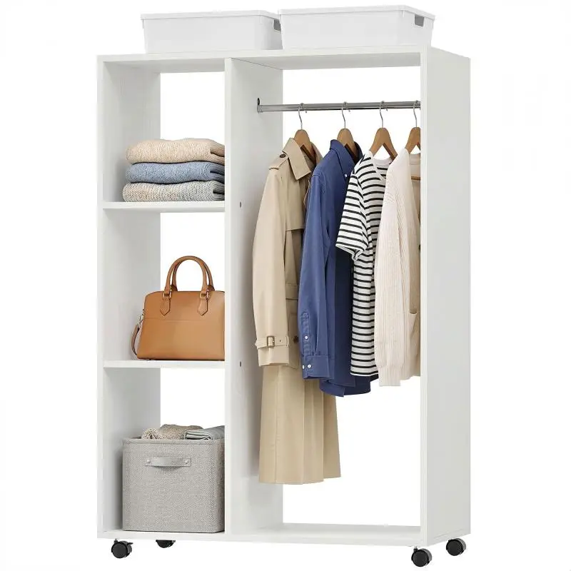 Freestanding Coat Rack with Wheels, 3 Shelves