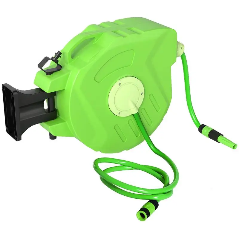 Retractable Garden Hose Reel with 15m Water Hose, 180° Swivel Wall Mounted Hose Reel, Automatic Garden Hose Reel for Watering Made of Plastic, Green