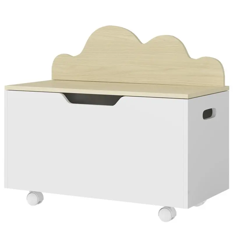Kids Toy Storage Chest with Wheels, Safety Hinge and Flip-Top Lid, Cloud Design, 59 x 30 x 53 cm (White and Natural)