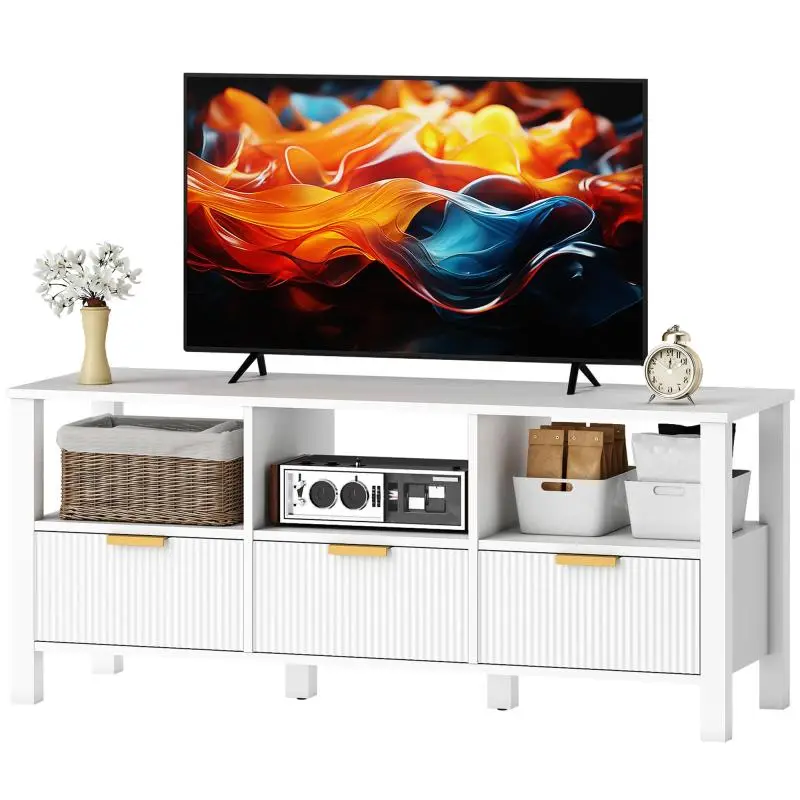 TV Stand with 3 Drawers and 3 Open Shelves, White