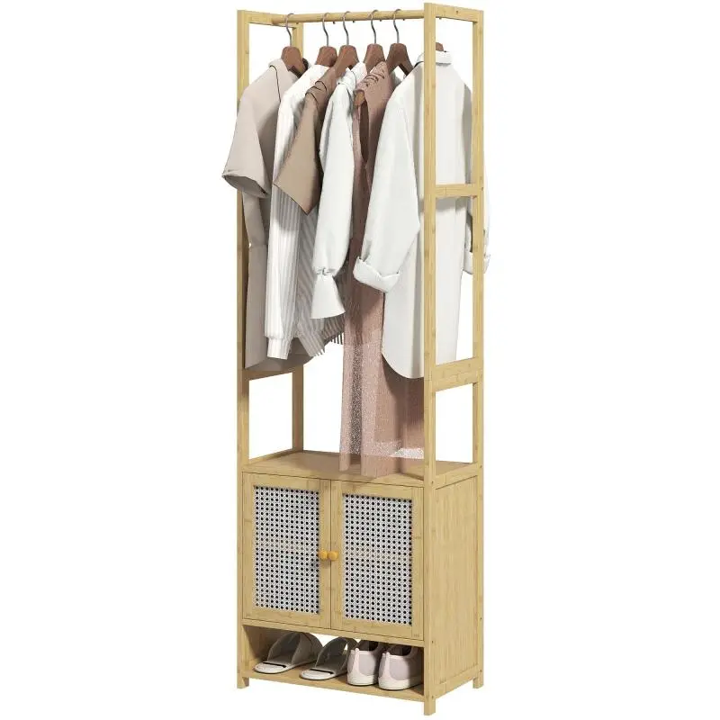 Bamboo Entryway Coat Rack with Shoe Cabinet