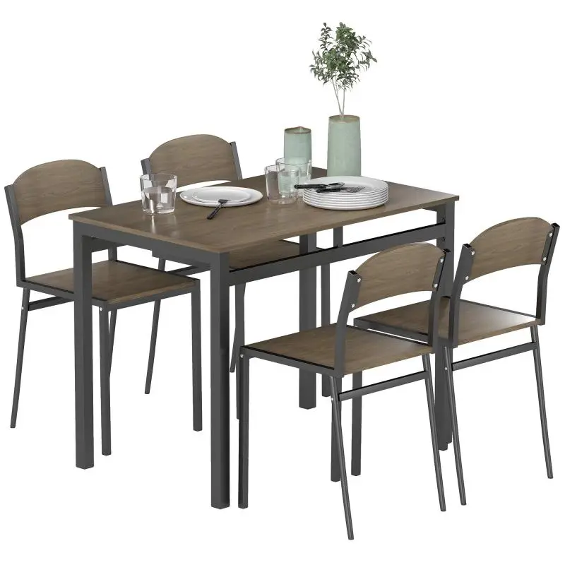 Dining Table and 4 Chairs Set, Dark Brown and Black