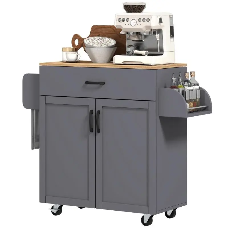 Kitchen Island on Wheels with Drawer and Cabinet, Grey