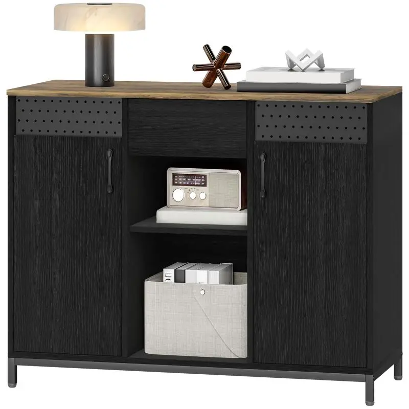 Sideboard with Open Compartments, Drawer and Adjustable Shelves