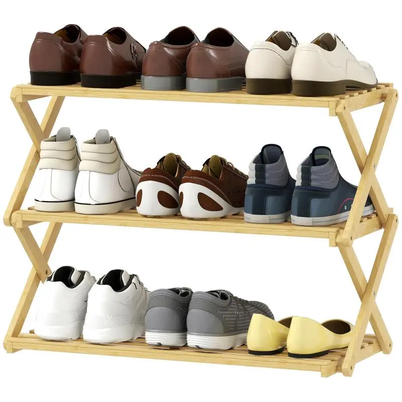 Narrow Bamboo Shoe Rack, 3-Tier Foldable