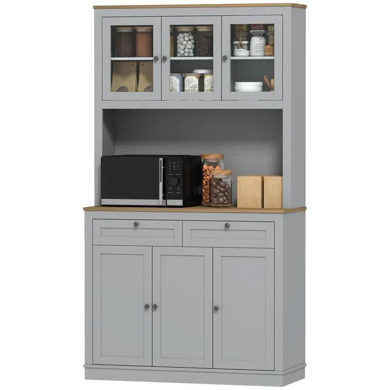 Kitchen Cupboard with 3 Glass Doors, Open Compartment, 2 Drawers, and Adjustable Shelves, 100x40x180 cm, Gray