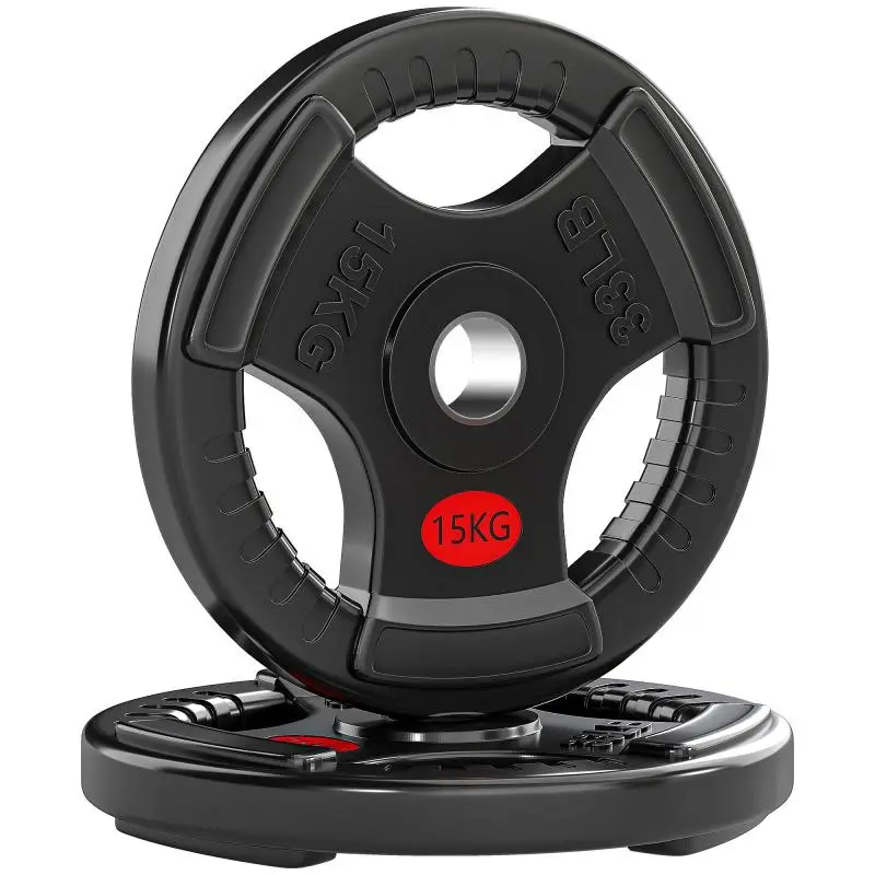 Olympic Weight Plates, 50mm Hole, 2 x 15kg, with Steel Inner Ring, Triple Grip for Dumbbells and Barbells, Black