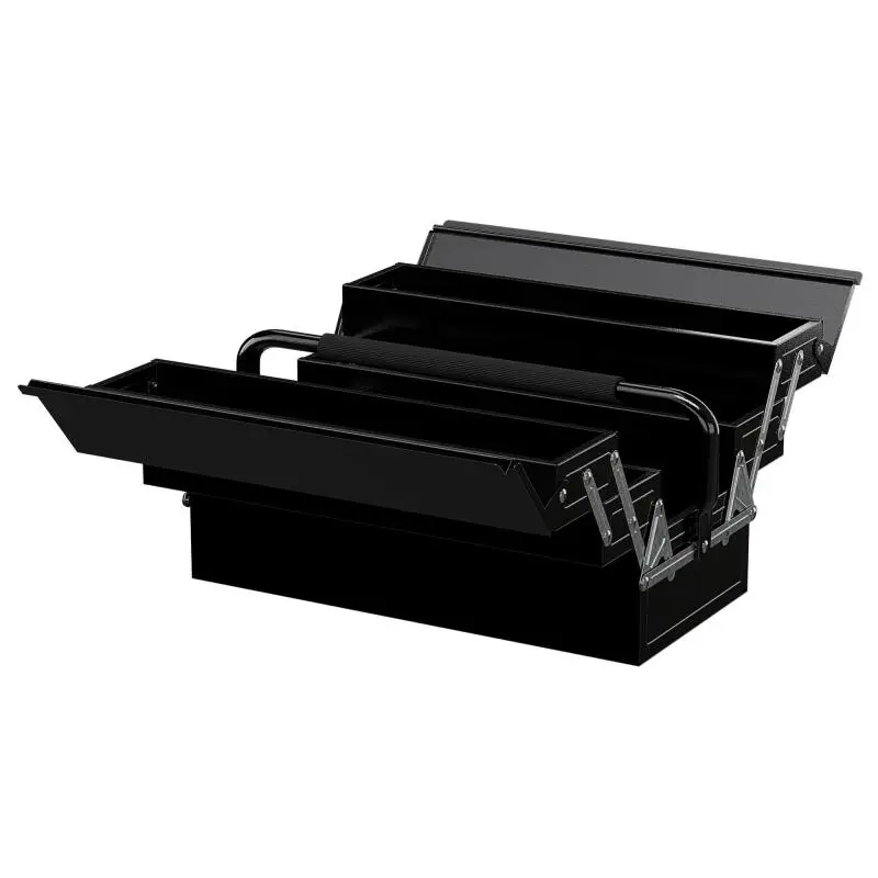 Folding Metal Tool Box with 5 Trays, Black