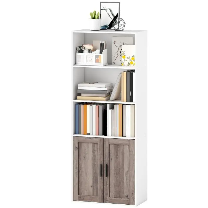 Narrow Bookcase with Doors and Open Shelves, 60 cm