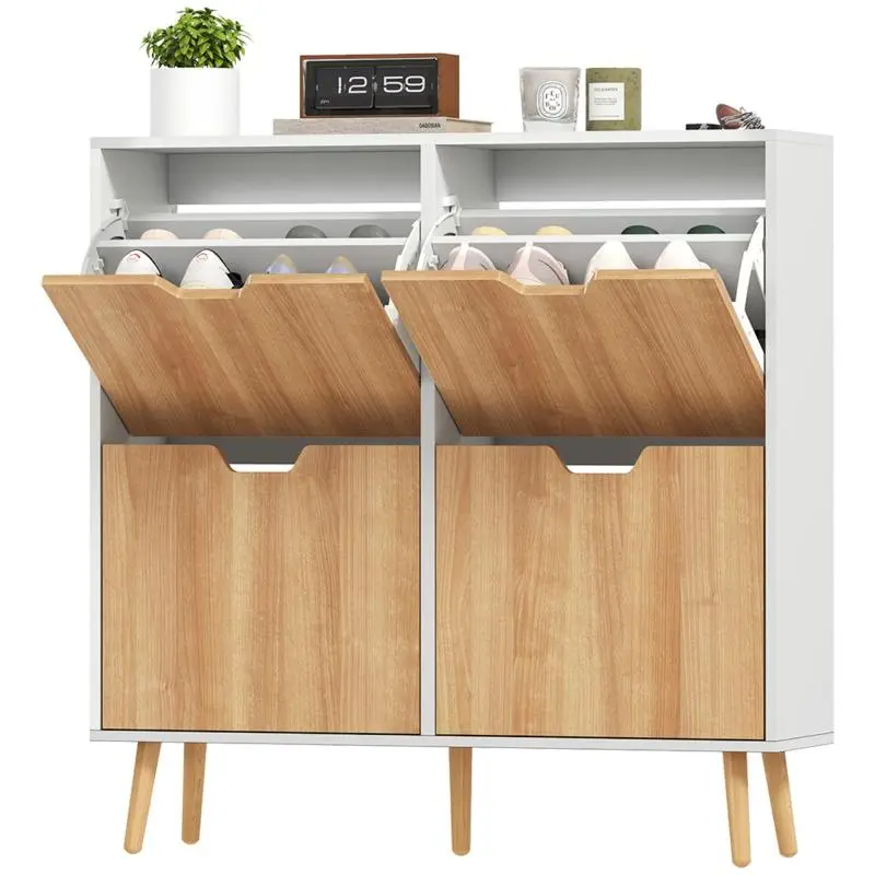 Slim Shoe Cabinet with 4 Drawers, Natural and White
