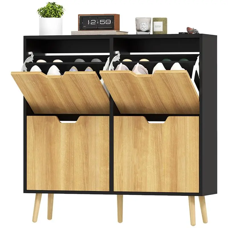 Slim Shoe Cabinet with 4 Drawers, Natural and Black