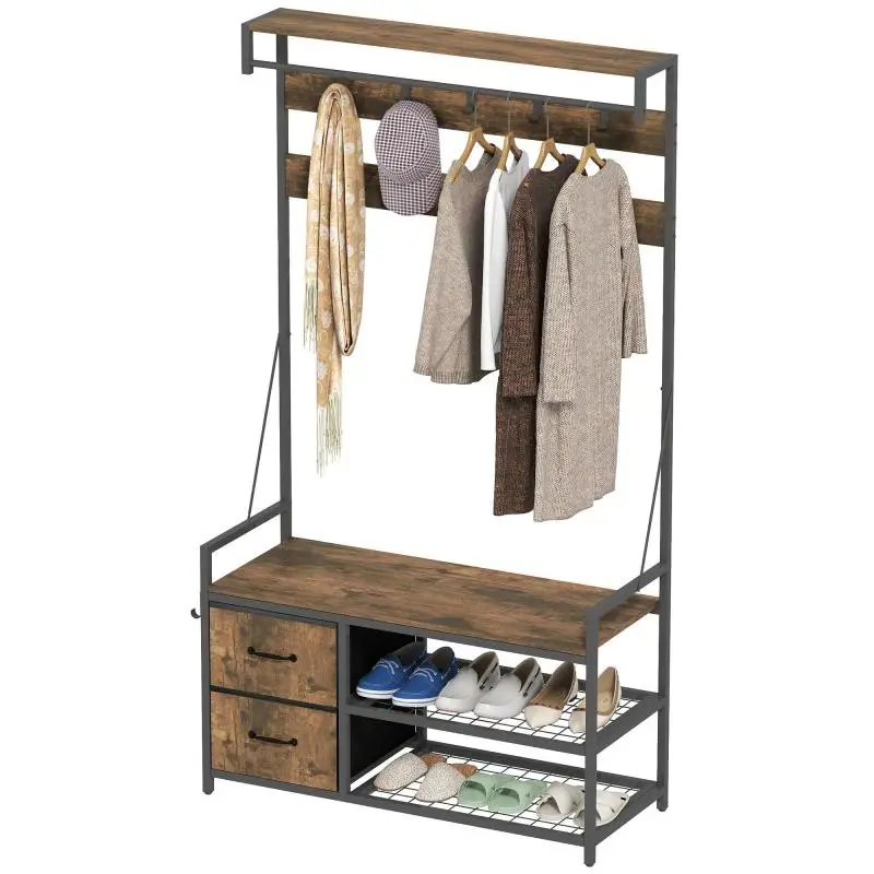 Coat Rack with Shoe Rack and Drawers, Rustic Brown