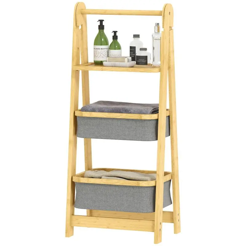 Foldable Bamboo Bathroom Shelf with 2 Laundry Baskets