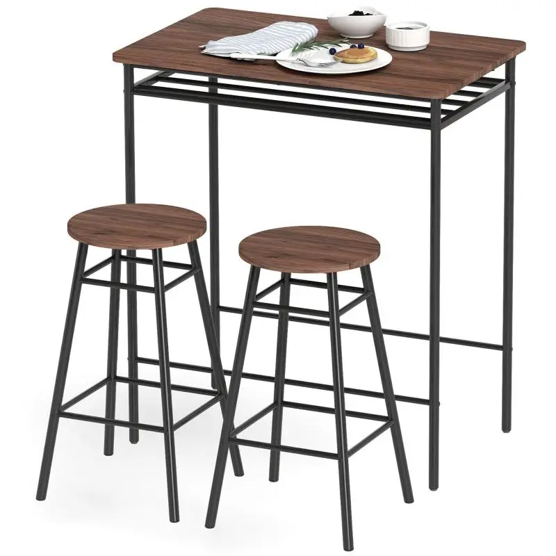 High Kitchen Table with 2 Industrial Stools, Open Shelf, Footrest, Space Saving for Small Spaces