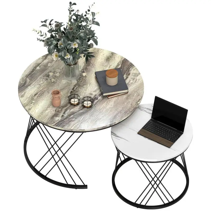 Set of 2 Round Nesting Coffee Tables, Grey and White