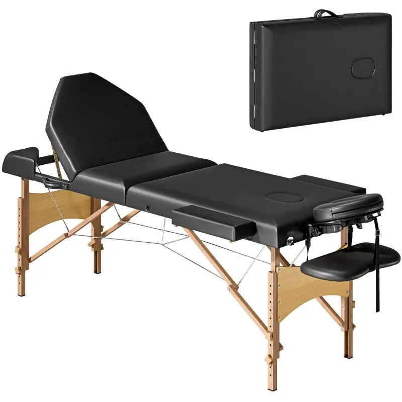 Folding Wooden Massage Table with 3 Zones, Adjustable Height, Headrest, and Armrests, 215x60x62-89 cm, Black