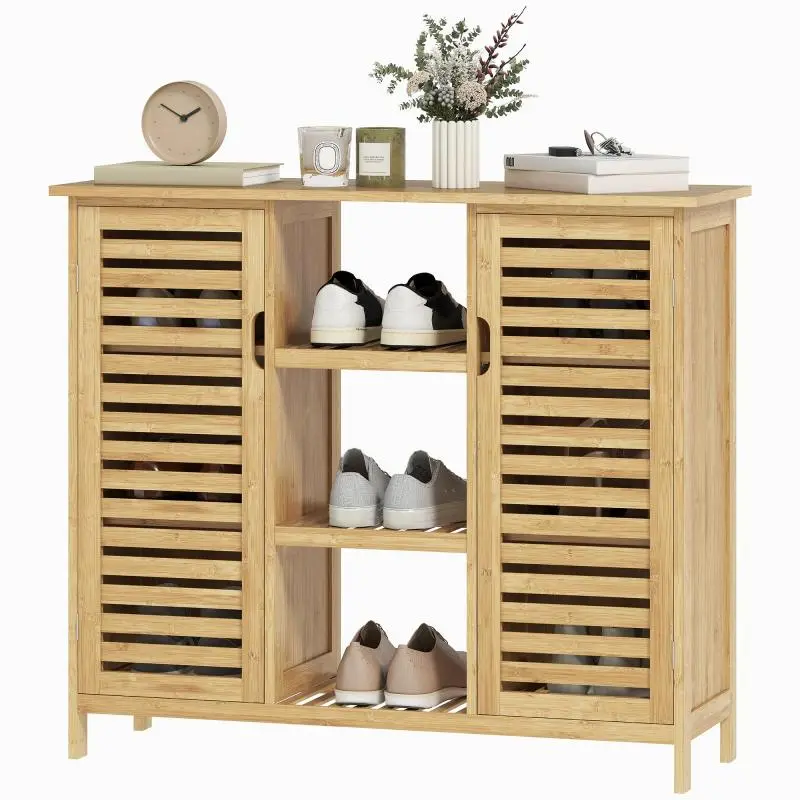 Storage Cabinet with 2 Bamboo Doors, Shelves and Compartments