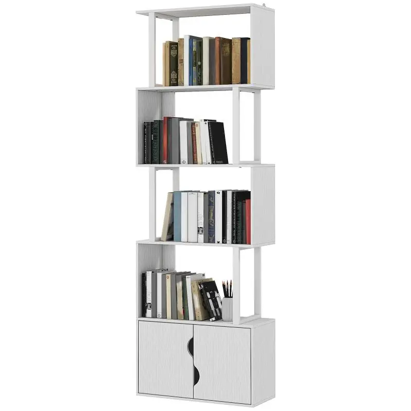 5-Tier S-Shaped Bookcase with 2 Doors, White