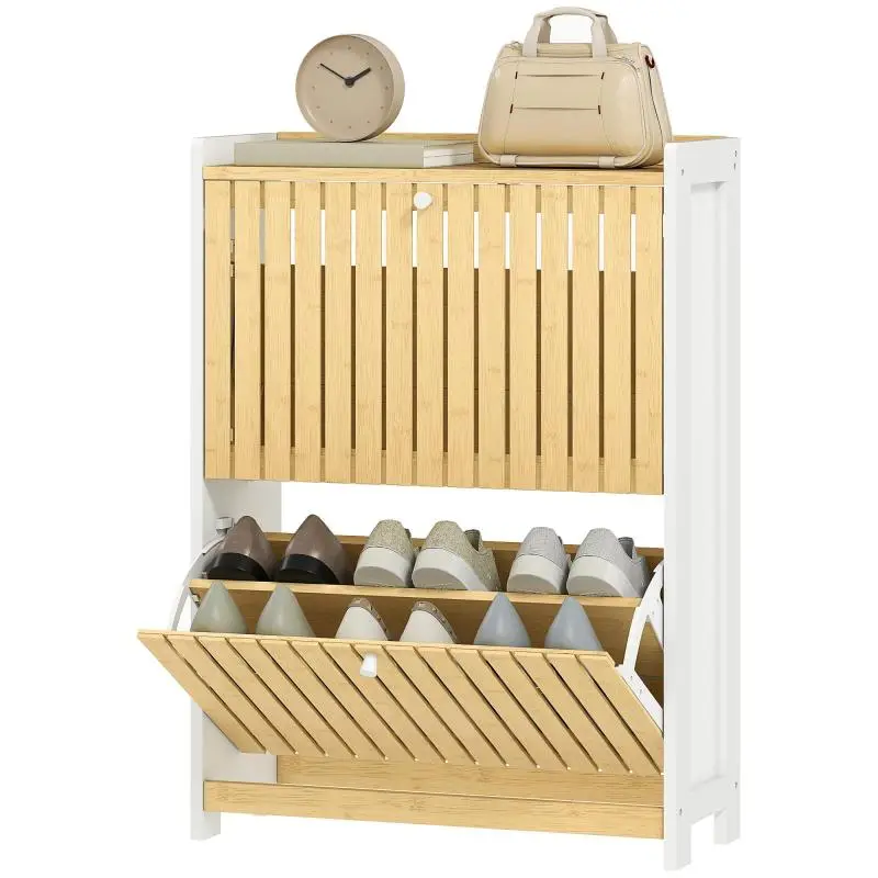 Narrow Bamboo Shoe Cabinet with 2 Doors, White and Natural