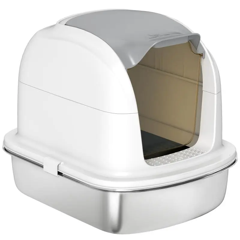 Stainless Steel Cat Litter Box with Lid, White