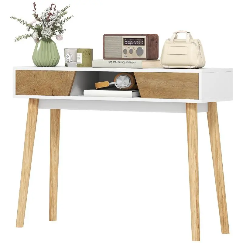 White Console Table with 2 Drawers and Storage Compartment