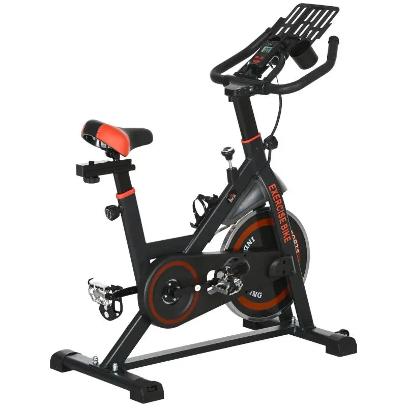 Stationary Bike with Adjustable Resistance, 8 kg Flywheel, LCD Screen, Adjustable Handlebars and Seat, Black and Red