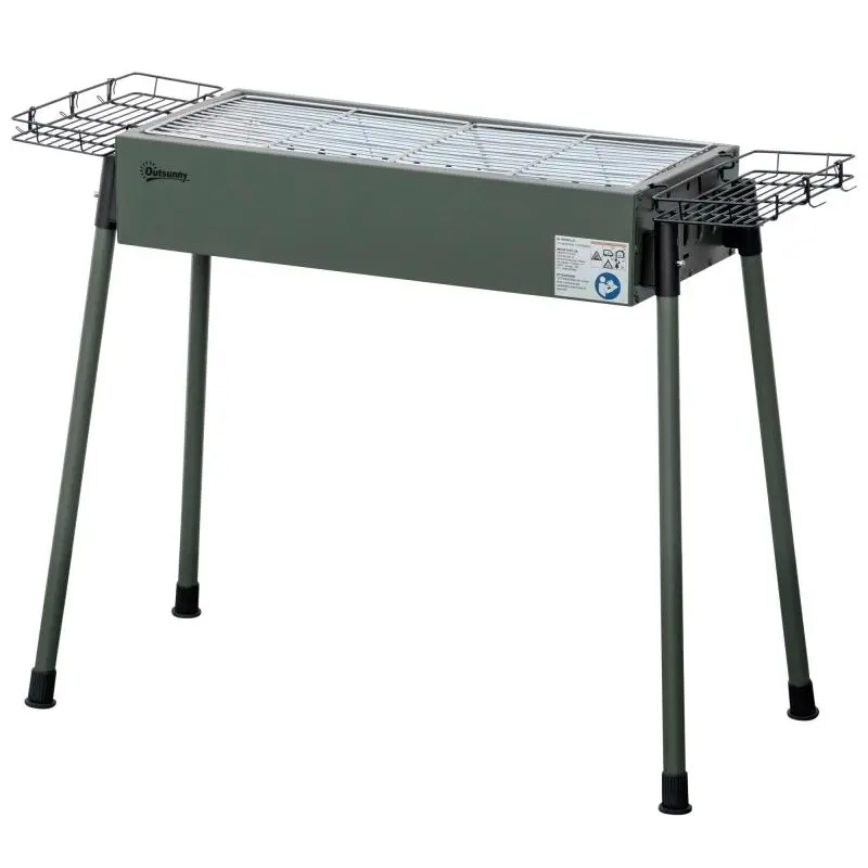 Charcoal BBQ with 2 Stainless Steel Grills, Portable BBQ with 2 Spice Racks for Camping, 94x39x70 cm, Green