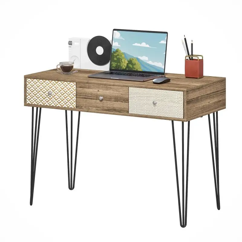 Desk with 3 Drawers and Hairpin Legs, 105 cm