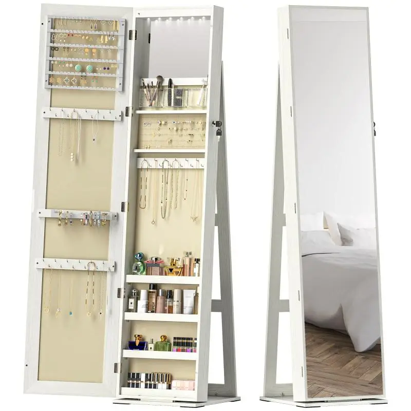 Jewelry Cabinet with LED Lights and Integrated Lock, Mirror, White with Wood Grain