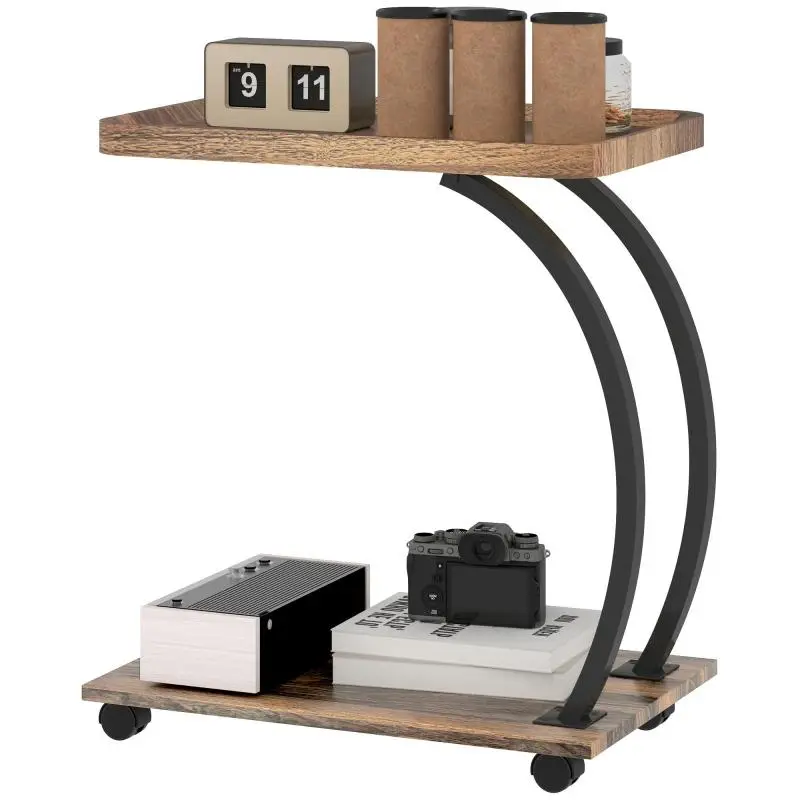 C-Shaped Side Table with Wheels and Shelf