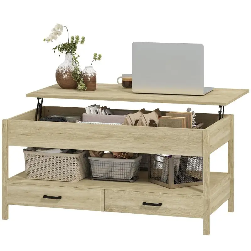 Lift-Top Coffee Table with Storage and Drawers, Oak