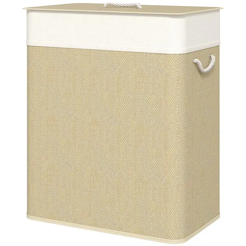 Bamboo Laundry Basket with 2 Compartments, Handles for Easy Use and Removable Washable Bags 52x32x63 cm