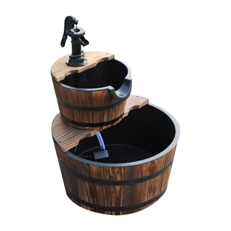 2-Tier Wooden Waterfall Garden Fountain with Electric Pump and Adjustable Water Outlet, 44.5x44.5x58.5 cm, Natural