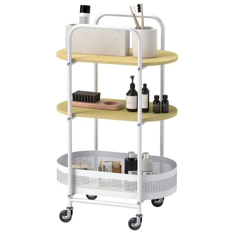 3-Tier Rolling Utility Cart, White and Natural Wood