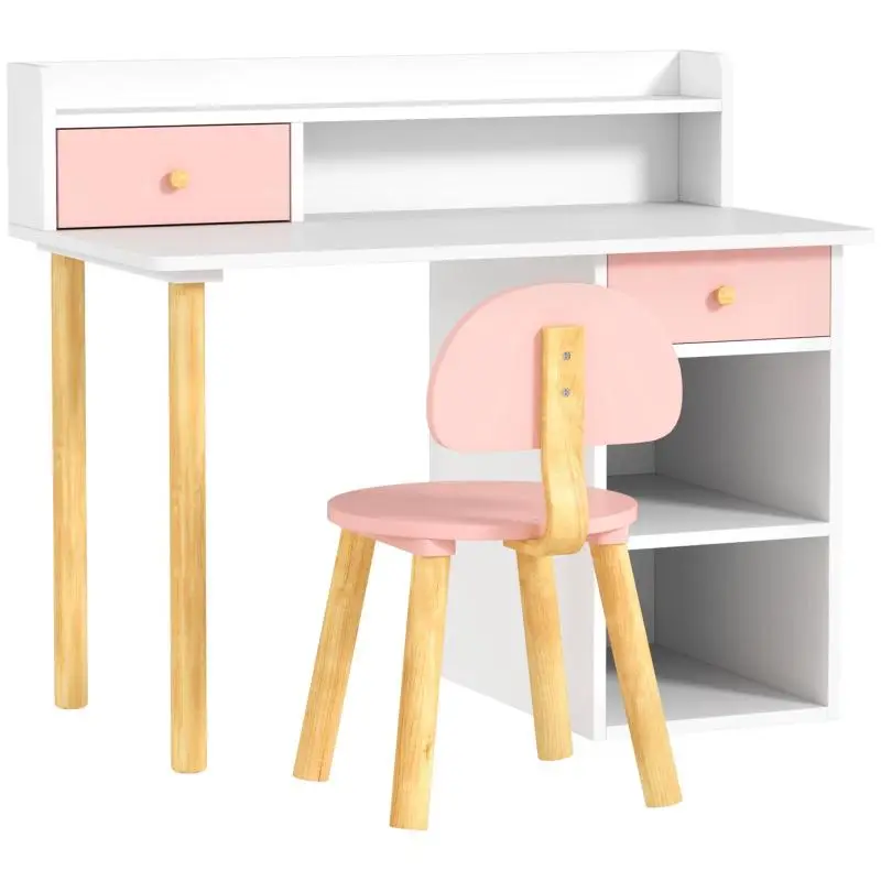 Children's Desk Set with Chair, Children's School Desk with Drawers, Compartment and Shelves, Pink and White