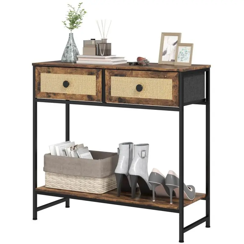 Console Table with Open Shelf and 2 Rattan-Front Drawers