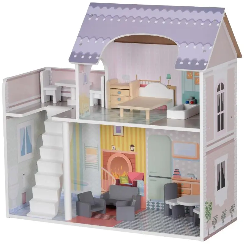 2-Storey Wooden Dollhouse with Balcony