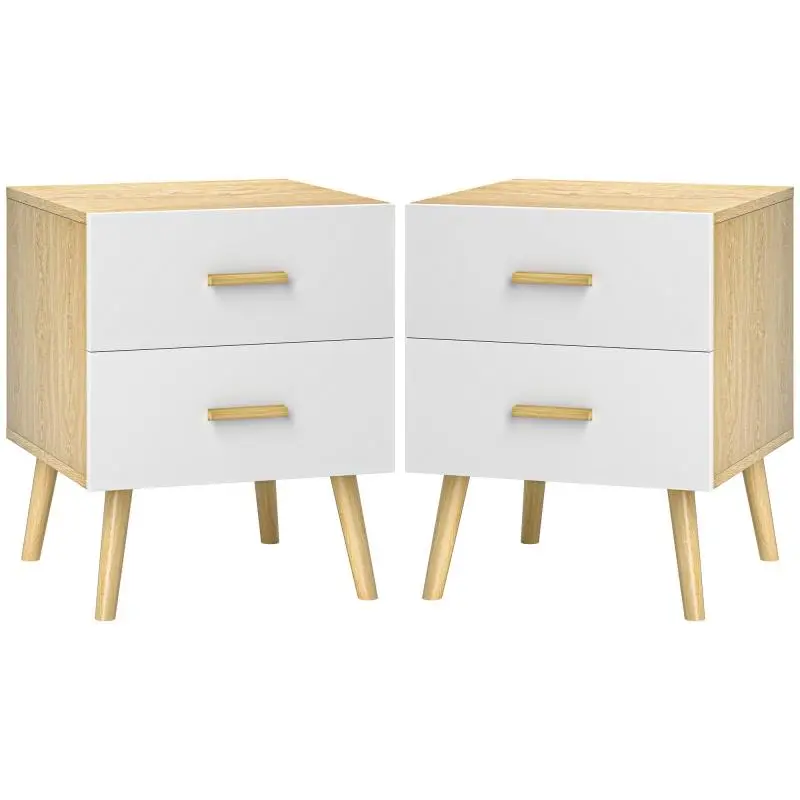 Set of 2 Nightstands with Drawers and Bamboo Handles