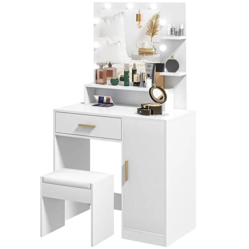 White Makeup Vanity with Stool and LED Mirror