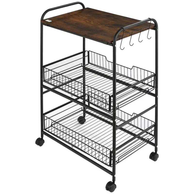 3-Tier Rolling Utility Cart with Baskets and Hooks