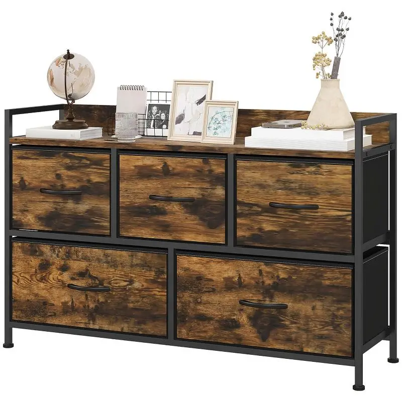 Fabric Chest of Drawers with 5 Drawers and Metal Frame, Industrial Style for Living Room or Hallway, 98x29x63 cm, Rustic Brown
